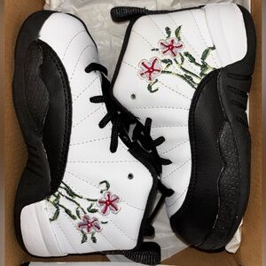 Jordan Kids Sneakers White Black with Red and Green Floral Design